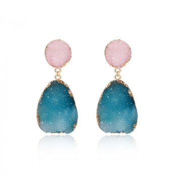 Pastel Pink Blue Druzy Quartz Crystal Drop Earrings